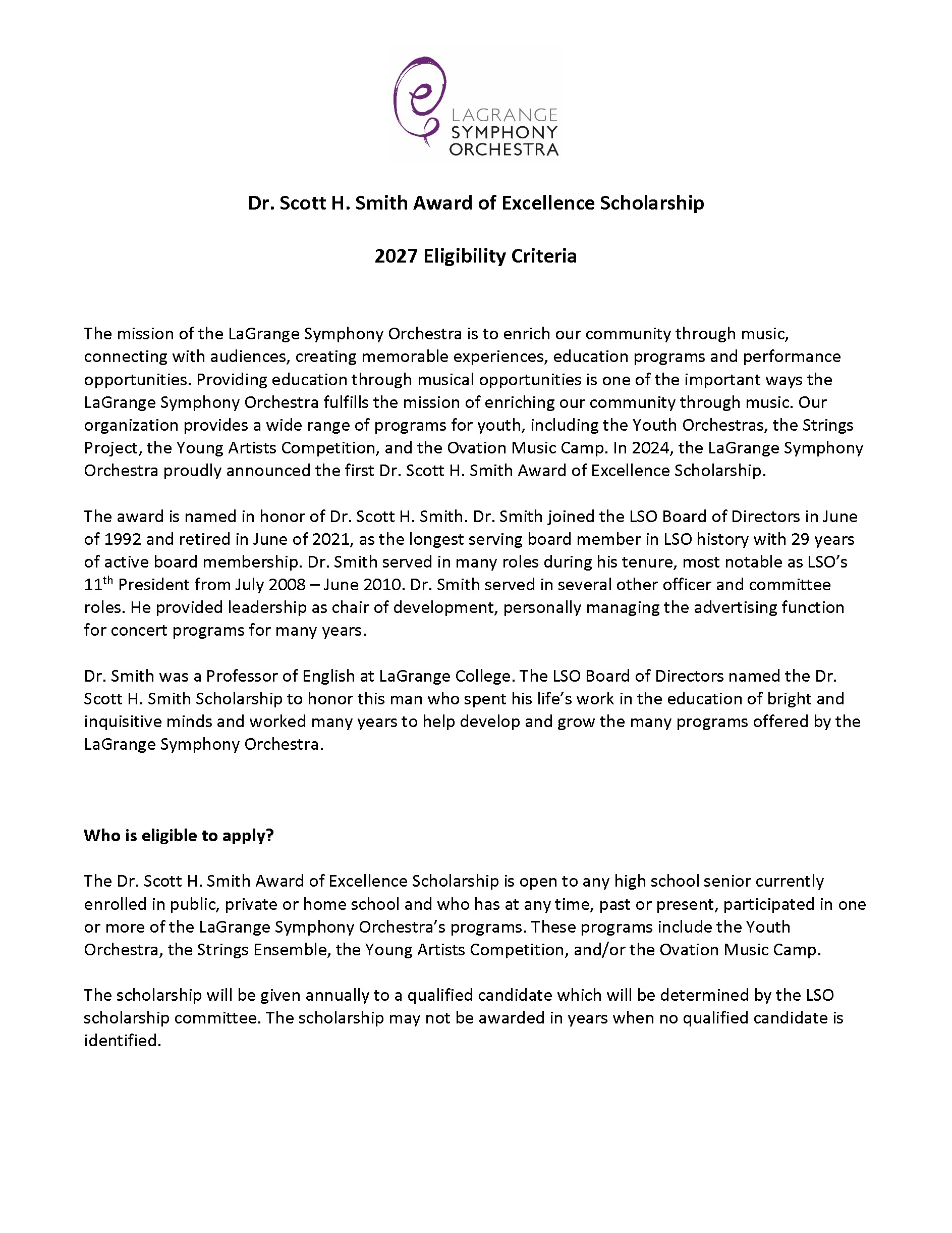 2027 Dr. Scott H. Smith Award of Excellence Scholarship_Page_1 LSO Scholarship